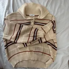 ベージュ ストライプ ハイネック ニットセーター