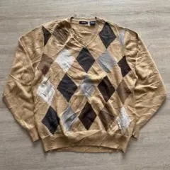 IZOD M相当 Vネック ニットセーター 幾何学柄 ベージュ系