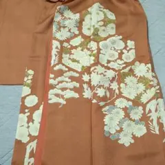 落ち着いた朱色 レンガ色　花柄 訪問着 正絹　松竹梅　菊　牡丹　紅葉