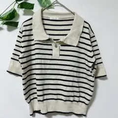 INOLVE 半袖ポロシャツ ストライプ ニット 白×紺 短丈