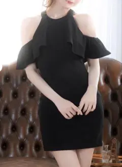 オフショルダー フリル タイトドレス 黒