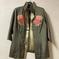 チャイナジャケット　花柄刺繍オリーブグリーンジャケット