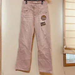 ストライプワイドパンツ　ダメージデニム