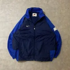 90s白タグNIKE古着ナイロンジャケット刺繍ロゴスウッシュ青黒DB202