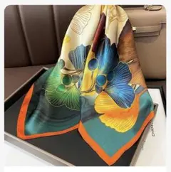花柄シルク風スカーフ オレンジ縁取り 70cmx 70cm