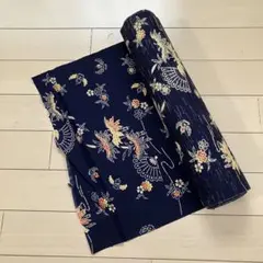 9.17【巻のまま】羽尺 反物 着物 和服 紺 扇子 花 裁ほう