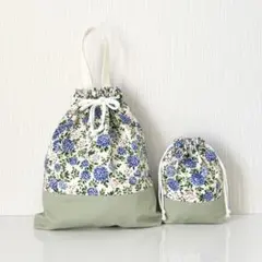 ハンドメイド　入学入園2点セット　花柄×グリーン