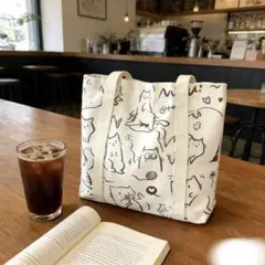 ネコ柄 帆布 キャンバス トートバッグ かた掛け 猫柄 通勤通学対応