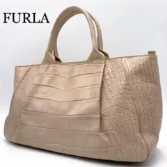 美品　フルラ　クロコ型押し　トートバッグ　ロゴ型押し　ピンク　レザー