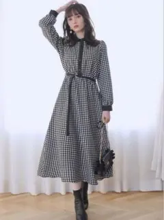 ベルト付き千鳥柄フレアロングシャツワンピース
