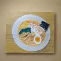 板に描いたラーメン　 オイルパステル 絵画