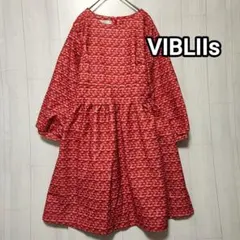 VIBLIIs　フレアワンピース　幾何学　レトロ　ウエストリボン　パフスリーブ