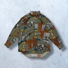 長袖プリント シャツ　総柄　オリーブグリーン　レトロ　個性派　vintage