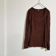 【S】ブラウン 長袖 Tシャツ 茶色　Uネック　インナー　シンプル　カジュアル