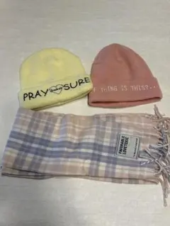 1回着用イエロー・ピンクニット帽とスカーフセット