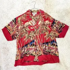 AVANTI アロハシャツ シルク レッド　古着　ヤシの木　半袖　シャツのサムネイル