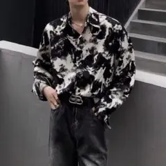 メンズ　韓国　XL　ブラック　柄シャツ　モード　オーバーサイズ　秋冬