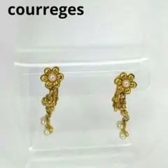 【極美品】クレージュ イヤリング ロゴ刻印 ゴールド パール 花モチーフ レトロ