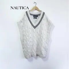 ★ノーティカ ベスト【L】ケーブル編み Vネック コットン ニット d566