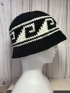 波模様クラッシャーハット ブラック×ホワイト ハンドメイド