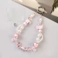 桜色のビーズスマホストラップオーロラ蝶々花新品即納ピンク×オーロラ