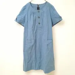 レリアン　水色 半袖 ひざ丈ワンピース　ポケット・ボタン付き　背面ファスナー