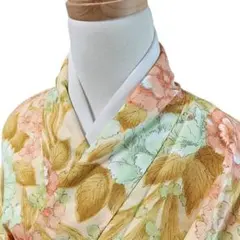 K142 袷 お召し物 着物 小紋 化繊 洗える着物 花