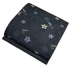 ユ53名古屋帯 全通柄 黒地兎花 市松　ポリエステル着物 帯　仕立て上り　美品