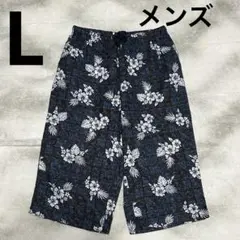 綿100% ハイビスカス　ボタニカルプリント ショートパンツ 七分　ネイビー