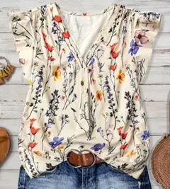 花柄トップス フレンチスリーブ Vネック フリル袖 マルチカラー　М