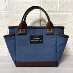 帆布のサイドポケットトートバッグ　ブルー×フェイクレザーブラウン