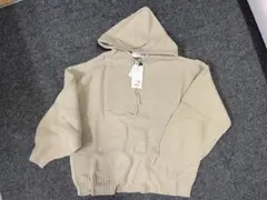 ニットプルパーカー/ワッフル編みニット素材フーディー/ニットパーカー/ベージュ