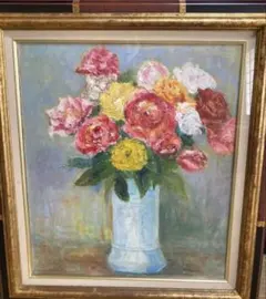 小原 稔 『 バラ 』 油絵 油彩 絵画 油彩 小原稔「雲の流れる日(薔薇と蝶) F12」商品番号06051401