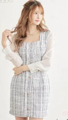 チェック柄シフォン袖ミニドレス S-Lサイズ