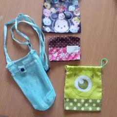 ディズニー巾着、移動ポシェット、水筒カバーセット