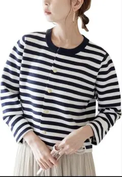 ロペピクニックミラノリブ金ボタンニットカーディガン ストライプMボーダー美品