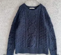 【マウジー】 ケーブル編み ウール混 ポンポン ニット (F) セーター 丸襟