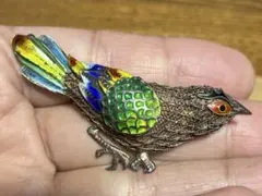 中国七宝 銀線細工　エナメル ブローチ silver ビンテージ　青い鳥