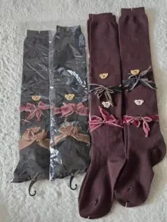 ハイソックス 靴下 22-24cm くまちゃん かぎ編み リボン 4足セット