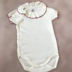 【プチバトー】襟付き半袖 白色ロンパース　74cm/12m 赤フリル シンプル