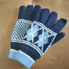 冬用ニット手袋 ネイビーと水色