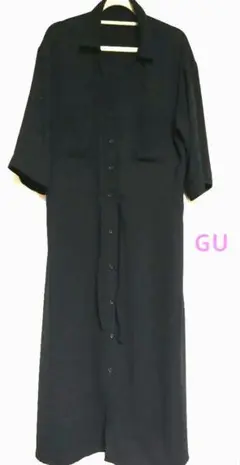 GU　ブラック　シャツワンピース 　とろみ　半袖　七分袖