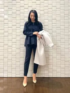 エムプルミエ　ギャザー切替フレアリボンブラウス　ネイビー　34