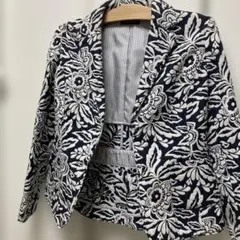 お値下げランズエンド総柄ジャケット裾ペプラム膨れ織り高級仕立てネイビーS〜M