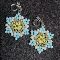 ビーズ 星型 イヤリング 水色・白・黄色