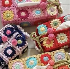 ティッシュカバー ティッシュケース かぎ針編み グラニースクエア バラ