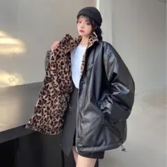 リバーシブル ヒョウ柄 アニマル柄 レザー ファー ブルゾン