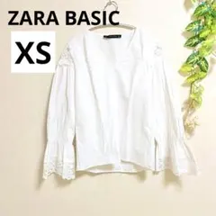 ZARA BASIC レース切替 Vネックブラウス ホワイト 袖コンシャス XS