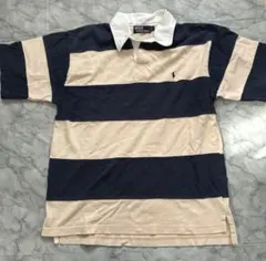 ポロラルフローレン 鹿の子 ラガーシャツ 紺 ベージュ 太ボーダー L