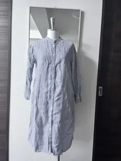 無印良品　長袖シャツワンピース　リネンストライプワンピース